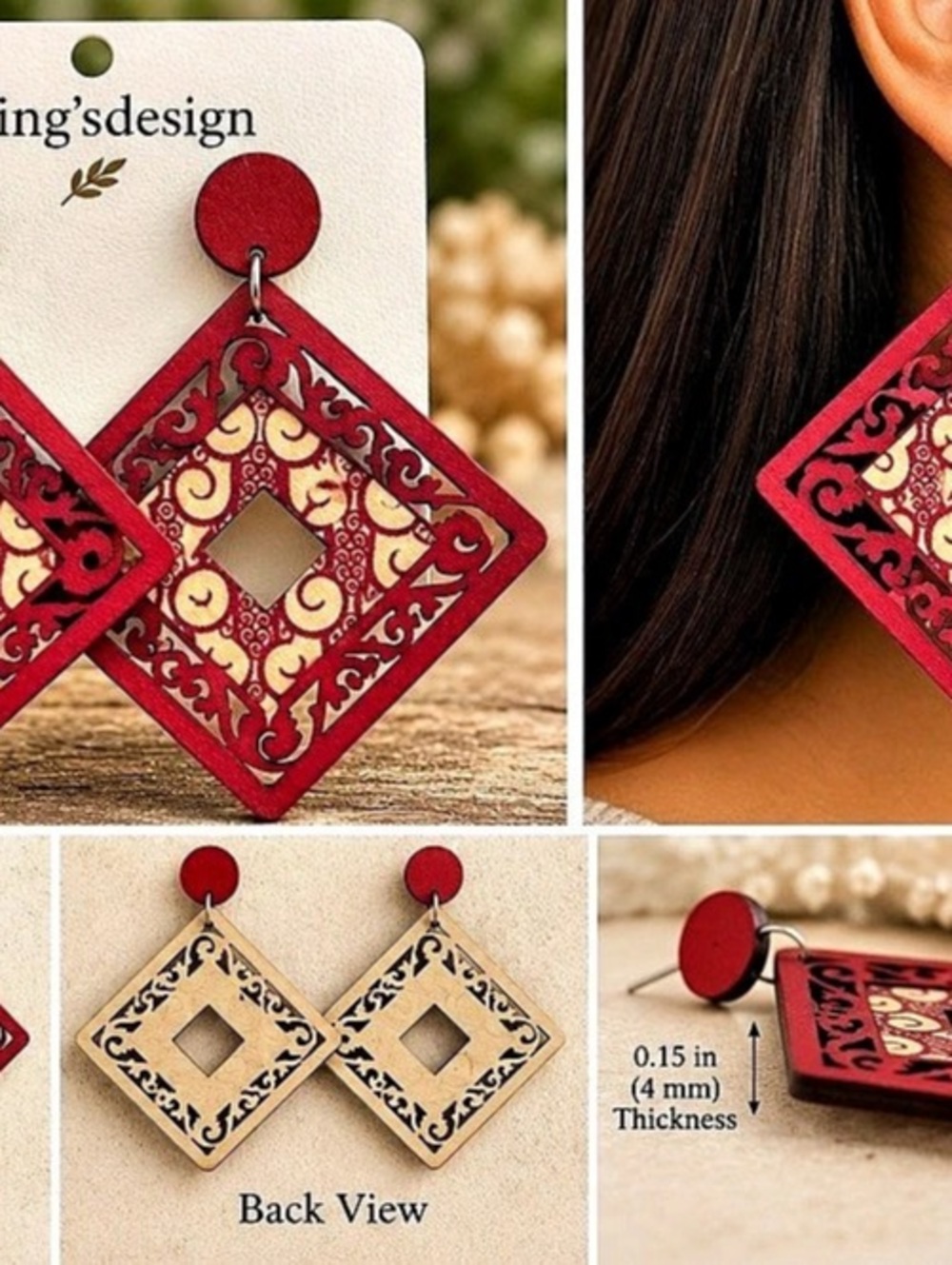 Laing'sdesign Paisley Cutout Drop Earrings in Red & Gold NWT